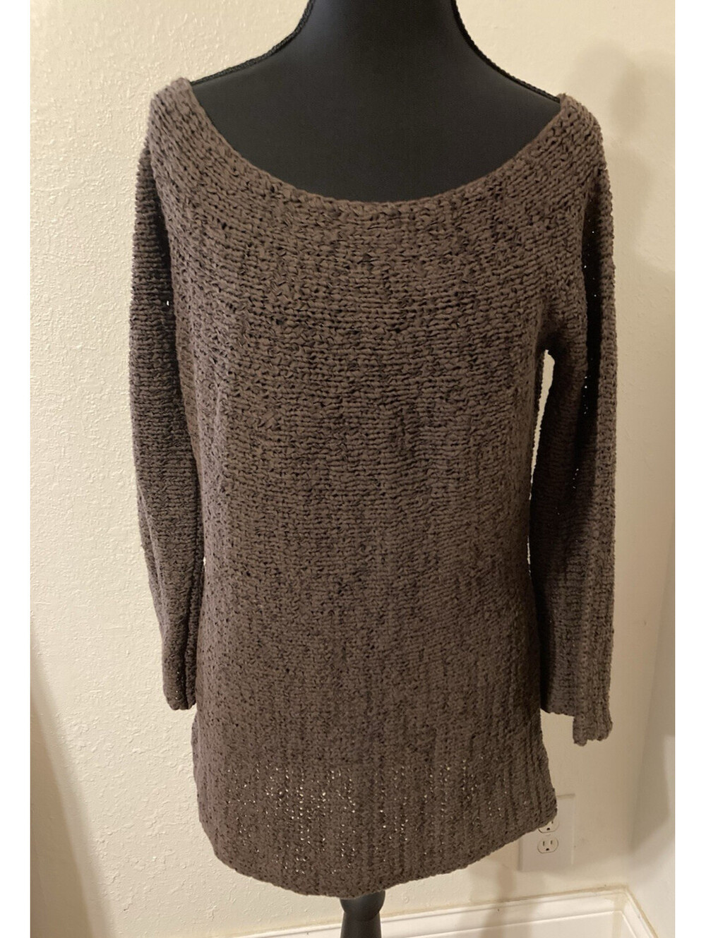 Ann Taylor Boho Open Knit Sweater Women's Brown Scoop Neck Large Tunic LS